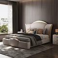 Luxurious Double Bed with White Headboard Lighting Design Pillows Nightstands Table Lamps Dark Wooden Walls
