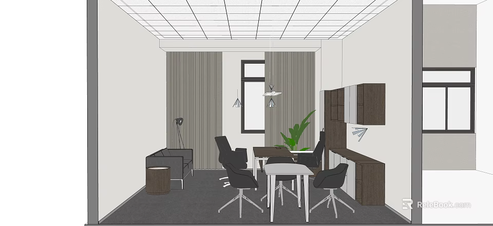 Modern Office Interior With Sofa Chairs Tables Green Plant Pendant Light And Cabinets 3d model 