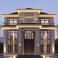 Elegant Classical Detached Villa Exterior With Stone Columns Large Windows And Porch Lighting