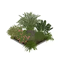 Lush Shrubs With Palm Ferns And Pink Flowers In Square Planter Bed