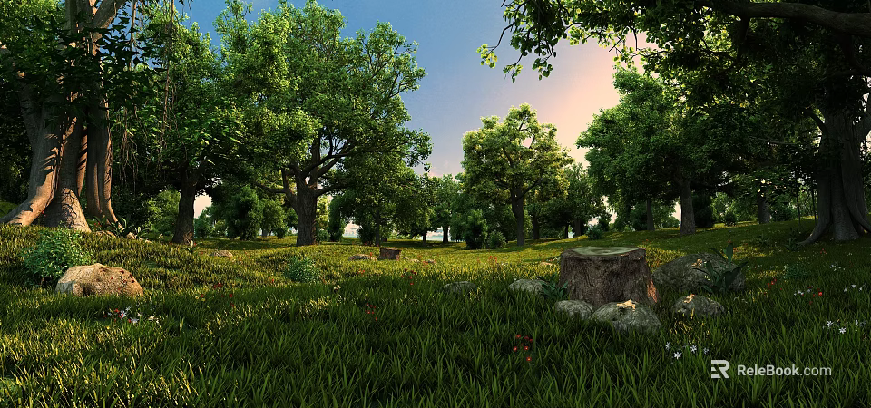 Scenic Natural Landscape With Dense Green Trees Lush Grass Tree Stump Sunlight And Blue Sky 3d model 