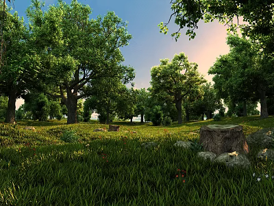 Scenic Natural Landscape With Dense Green Trees Lush Grass Tree Stump Sunlight And Blue Sky 3d model