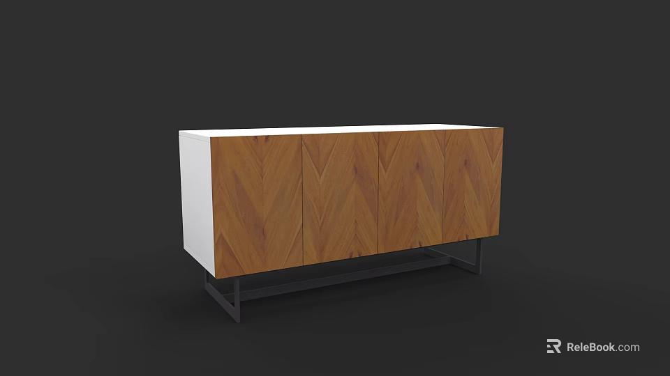 Modern TV Stand With Chevron Wooden Doors White Top And Black Metal Legs 3d model 