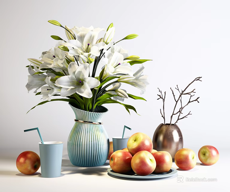 Decorative Ornament Combination with White Lily Bouquet Blue Striped Vase Metal Vase Branches Apples Cups 3d model 