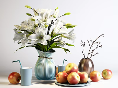 Decorative Ornament Combination with White Lily Bouquet Blue Striped Vase Metal Vase Branches Apples Cups 3d model