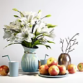 Decorative Ornament Combination with White Lily Bouquet Blue Striped Vase Metal Vase Branches Apples Cups