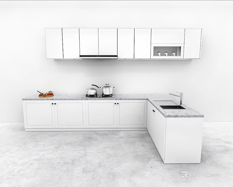 Modern Kitchen With Upper And Lower White Cabinets Countertop Sink And Cookware 3d model