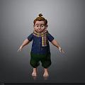 Cartoon Boy Design With Brown Hair Topknot Colorful Plaid Scarf Blue Shirt Green Shorts Barefoot
