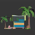 Small Tropical Cottage With Blue Walls Red Door White Roof And Palm Trees On Sand