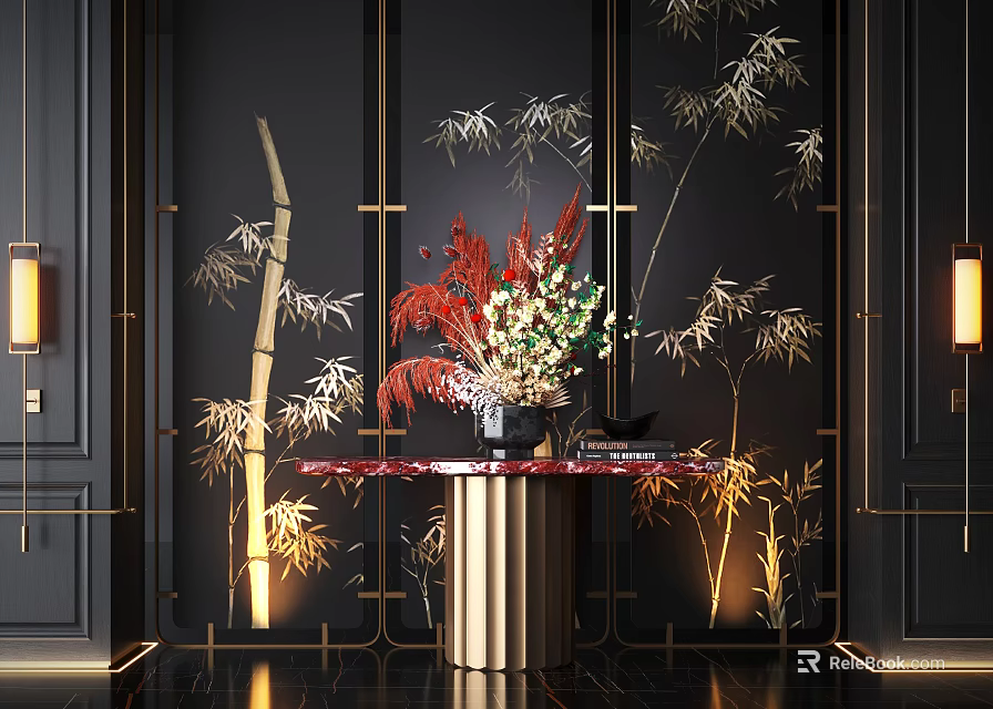 Elegant Console Table With Bamboo Patterns And Red Flower Arrangement On Marble Top 3d model