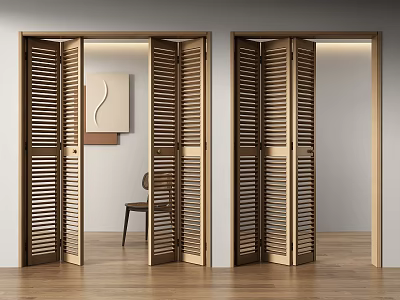 Wooden Louvered Folding Doors Open In Modern Interior With Slatted Design 3d model
