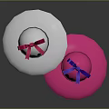 Two UFO Shaped Objects With Pink Purple Bow Ties Black Dots Eyes Suspending Black Background