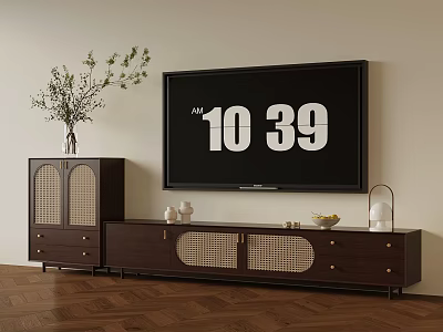 Living Room Interior With Wooden TV Stand Rattan Design TV Plant And Decorations 3d model