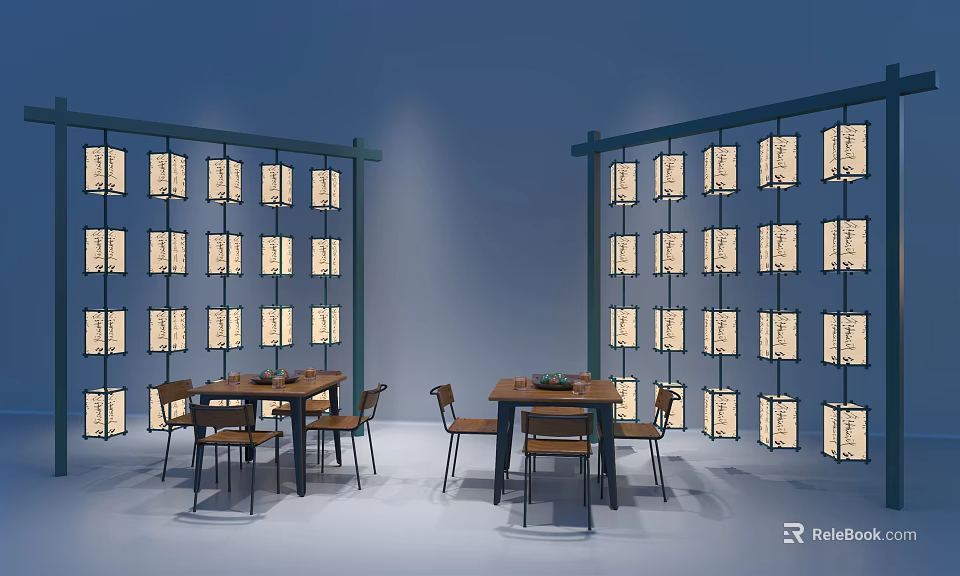 Dining Table Set with Wooden Dining Chairs and Lantern Panel Screens in Modern Interior 3d model
