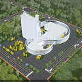 Modern Office Building With Unique Circular Architecture Surrounded By Greenery And Roads In Urban Area
