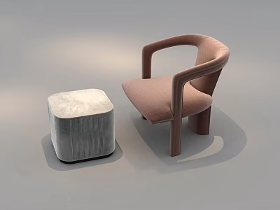 Modern Light Brown Upholstered Leisure Chair with Curved Armrests and Gray Square Footstool 3d model