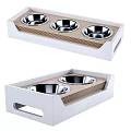 White Pet Food Bowl Tray With Stainless Steel Bowls And Wood Grain Design