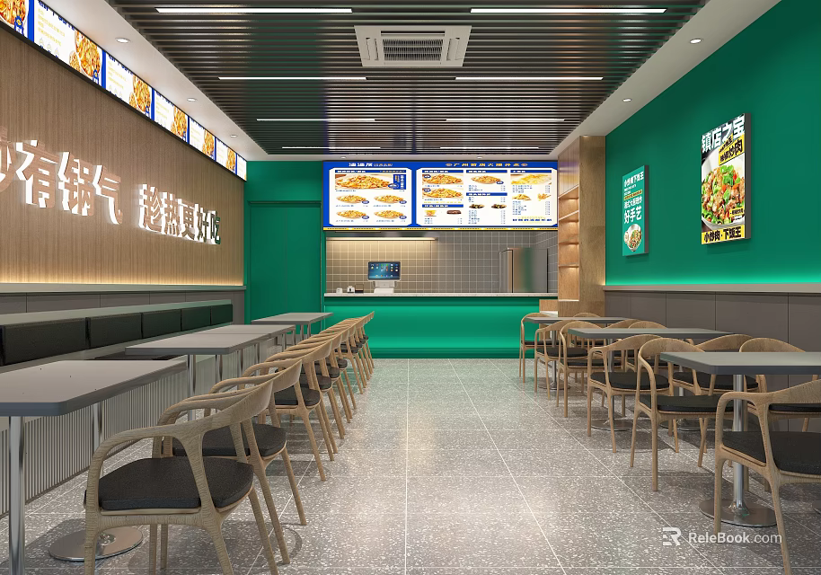 Bright Green Fast Food Restaurant Interior With Menu Screens And Dining Tables 3d model 