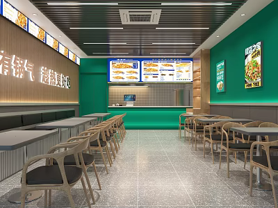 Bright Green Fast Food Restaurant Interior With Menu Screens And Dining Tables 3d model