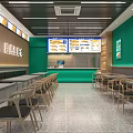 Bright Green Fast Food Restaurant Interior With Menu Screens And Dining Tables