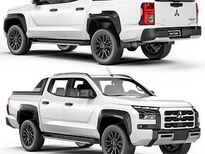 Mitsubishi White Pickup Truck with Black Wheels Rugged Design and Cargo Bed 3d model