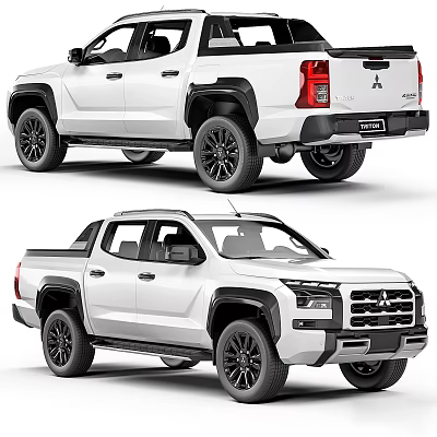 Mitsubishi White Pickup Truck with Black Wheels Rugged Design and Cargo Bed 3d model