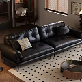 Modern Living Room Black Leather Sofa with Accent Pillows and Round Coffee Table Set