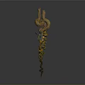 Artistic Ornate Weapon Featuring Curved Design And Colorful Intricate Carving Details