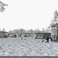 Aerial Planning of Winter Scenic Snowy Landscape with Modern Transparent Cabins Trees and People Activity