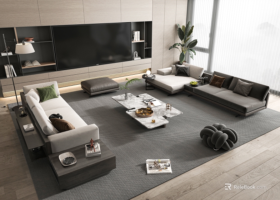 Modern Living Room Sofa and Coffee Table Set with TV Wall Rug Plants and Pillows 3d model 