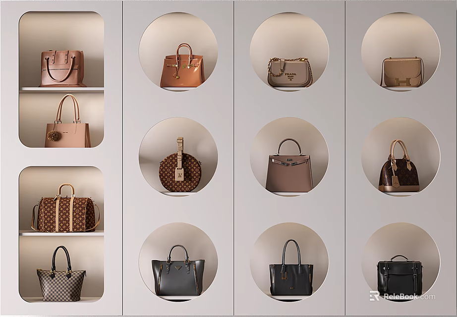 Stylish Handbags Display in Wall Mounted Circular Nooks With Various Colors Patterns and Classic Designs 3d model 