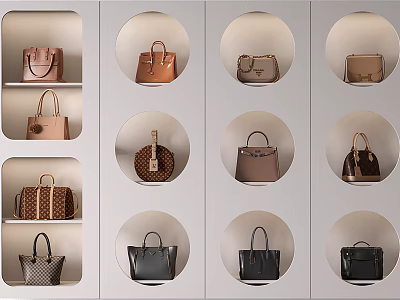 Stylish Handbags Display in Wall Mounted Circular Nooks With Various Colors Patterns and Classic Designs 3d model