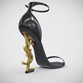 Black Leather High Heels With Ankle Strap And Gold Brand Logo Heel Design