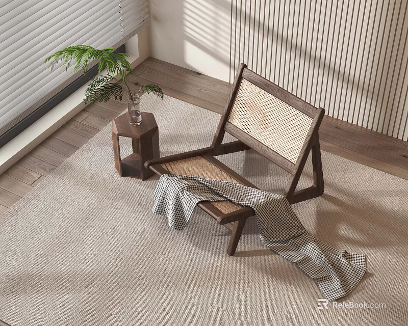 Natural Leisure Chair With Wooden Frame Woven Seat Side Table Green Plant And Cozy Blanket 3d model 