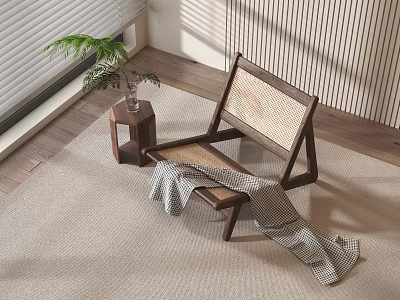 Natural Leisure Chair With Wooden Frame Woven Seat Side Table Green Plant And Cozy Blanket 3d model