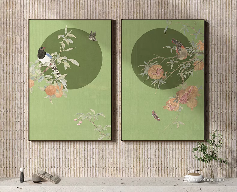 Elegant Botanical Paintings On Green Background With Birds Flowers And Butterflies 3d model 