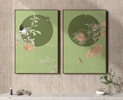 Elegant Botanical Paintings On Green Background With Birds Flowers And Butterflies 3d model