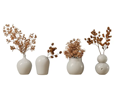Four White Ceramic Vases in Various Shapes with Dried Brown Flowers for Home Decor 3d model