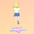 Blonde Woman With Ponytail And Blue Bow Holding White Plush Toy In Pink Background