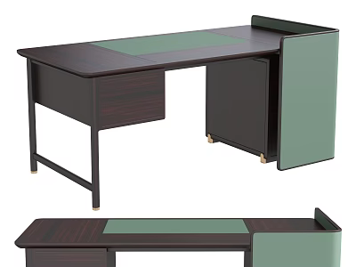 Modern Dark Wood Desk With Green Pad Drawers And Cabinet Design 3d model
