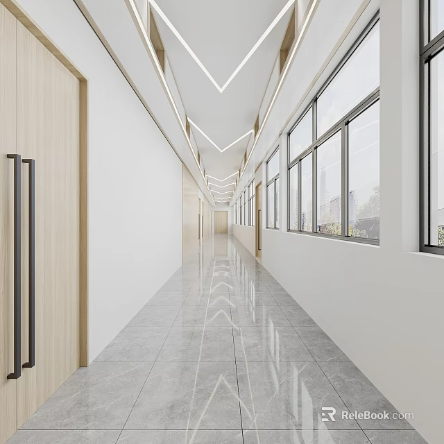 Modern Office Corridor Design With Bright Windows Wooden Doors Tile Floor And Ceiling Light Strips 3d model 