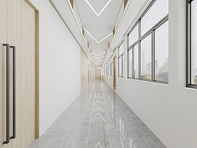 Modern Office Corridor Design With Bright Windows Wooden Doors Tile Floor And Ceiling Light Strips 3d model