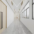 Modern Office Corridor Design With Bright Windows Wooden Doors Tile Floor And Ceiling Light Strips