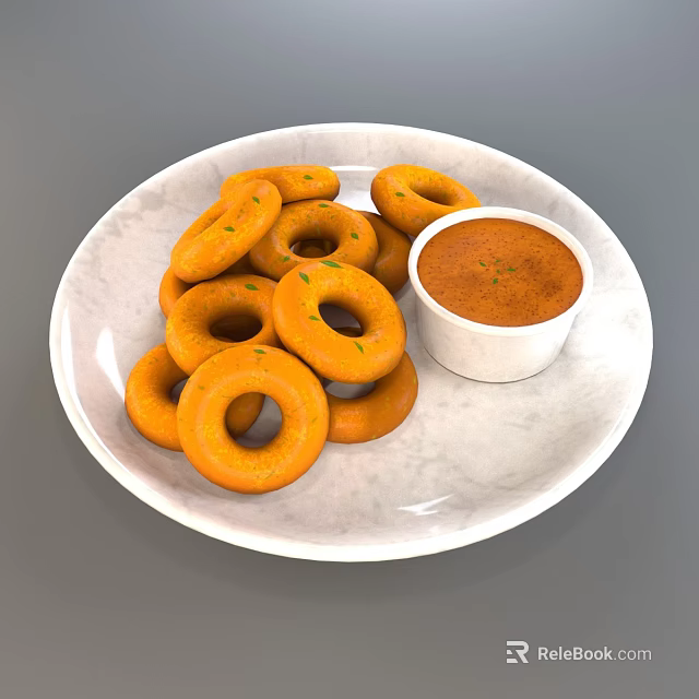Orange Fried Rings Served on White Marble Plate with Dipping Sauce 3d model 