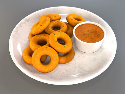 Orange Fried Rings Served on White Marble Plate with Dipping Sauce 3d model