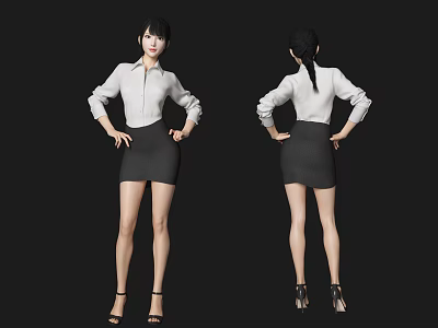 Woman in White Shirt and Black Skirt with High Heels Front and Back Views 3d model