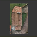 Cartoon Scenery of Red Tiled Roof Building with Small Tower Green Lawn and Side Statue