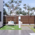 Modern Garden Landscape With Wooden Deck Stone Benches Square Table And Waterfall Feature