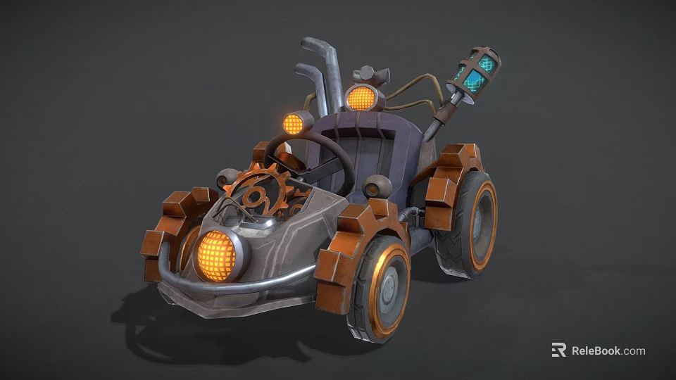 Steampunk Style Car With Mechanical Gears Orange Lights And Large Sturdy Wheels 3d model 