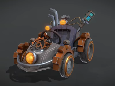 Steampunk Style Car With Mechanical Gears Orange Lights And Large Sturdy Wheels 3d model